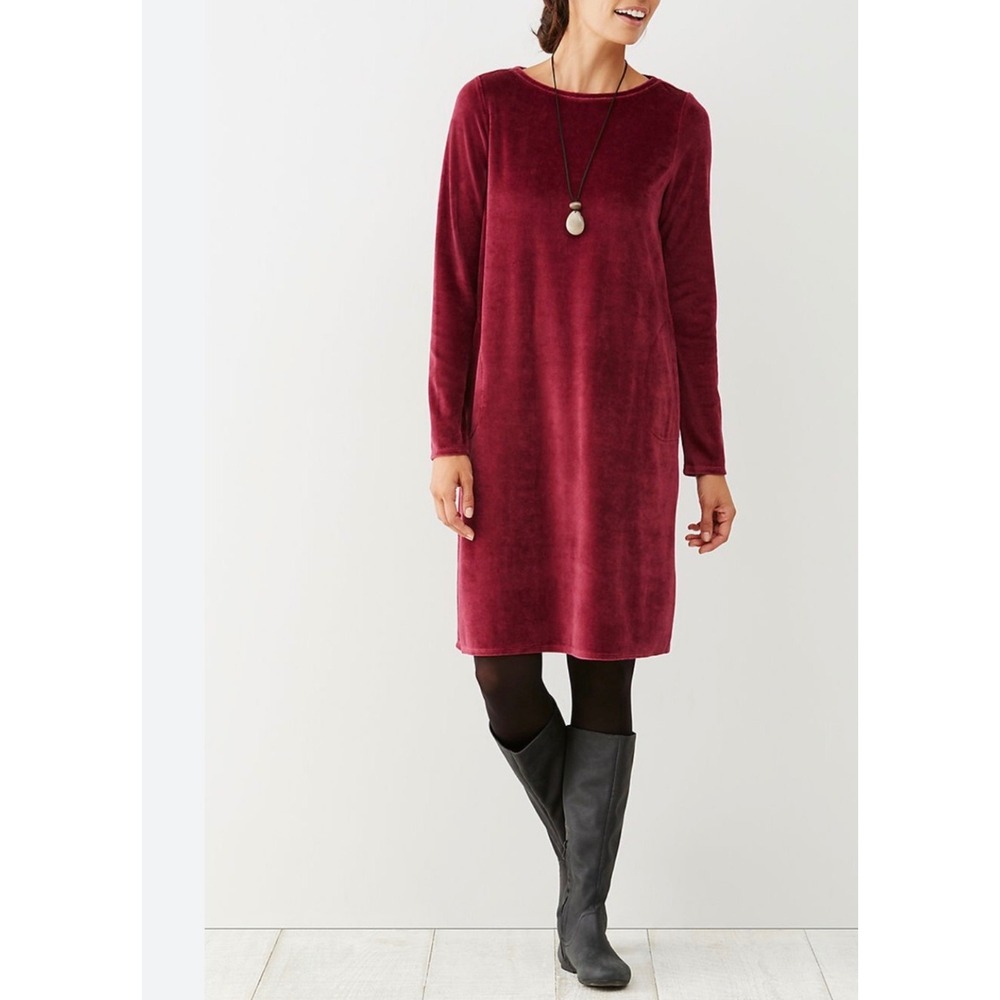 Pure Jill J. Jill Soft Velour Dress Cassis Burgundy Velvet Shift Pockets‎ Modest